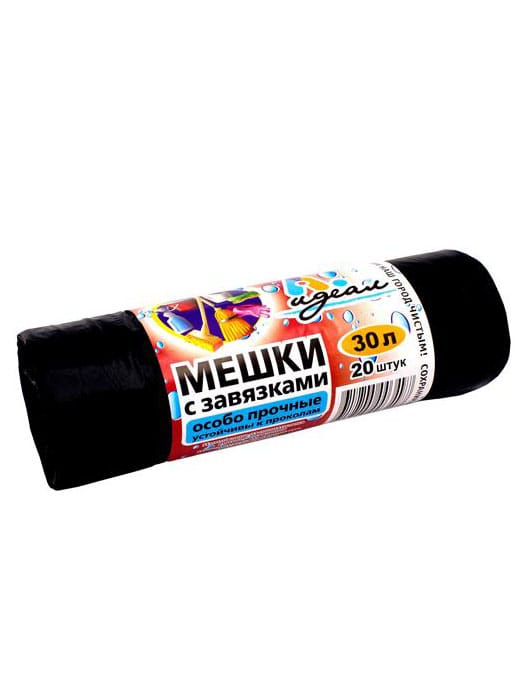 Мешки мусорные 30л/20мкм/50*60 см "Идеал" с завязками особо прочные ЧЕРНЫЕ, в рулоне (20 шт.рул) Мешки мусорные 30л/20мкм/50*60 см "Идеал" с завязками особо прочные ЧЕРНЫЕ, в рулоне (20 шт.рул)