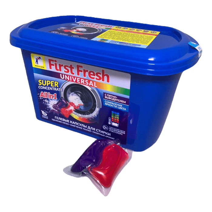 Капсулы для стирки белья "First Fresh" Universal двухбункерные 18шт*15гр с пятновыводителем Капсулы для стирки белья "First Fresh" Universal двухбункерные 18шт*15гр с пятновыводителем